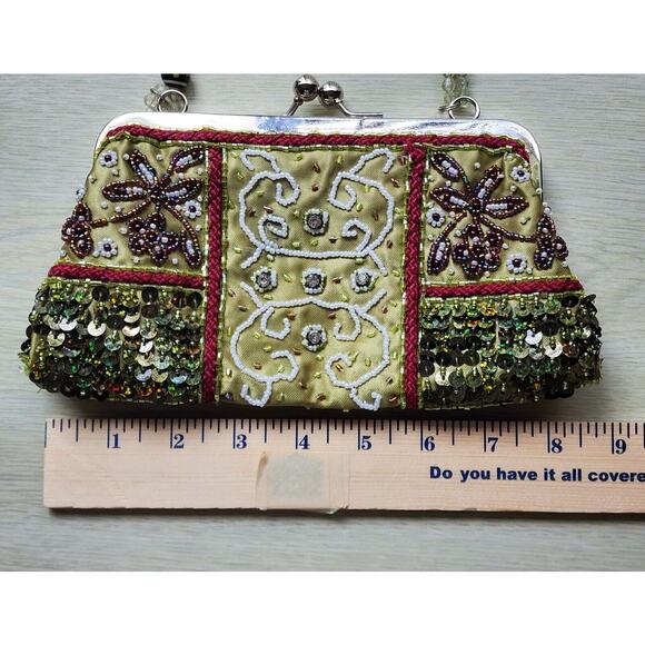 BEADED PURSE-Small-Beaded Handle-Green-Sequins-Evening Bag-Bling-Unique - Picture 13 of 16